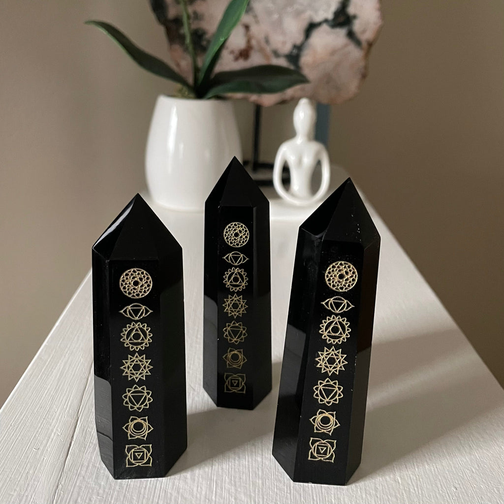 Chakra Etched Obsidian Tower