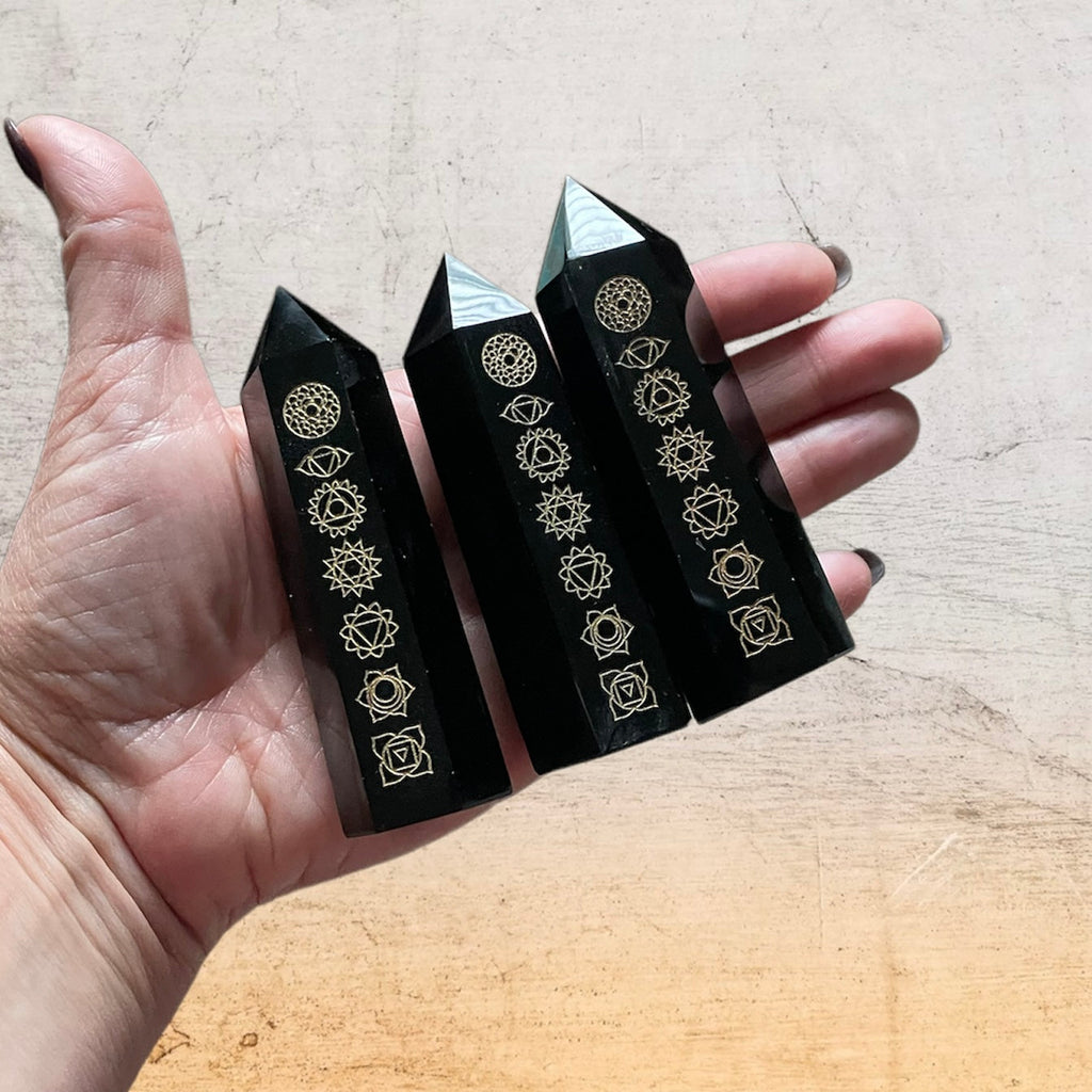 Chakra Etched Obsidian Tower